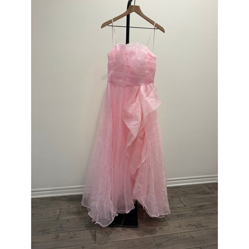 B. darlin Organza Strapless Shirred Bodice Cascade Ruffle Long Dress pink - Picture 5 of 7